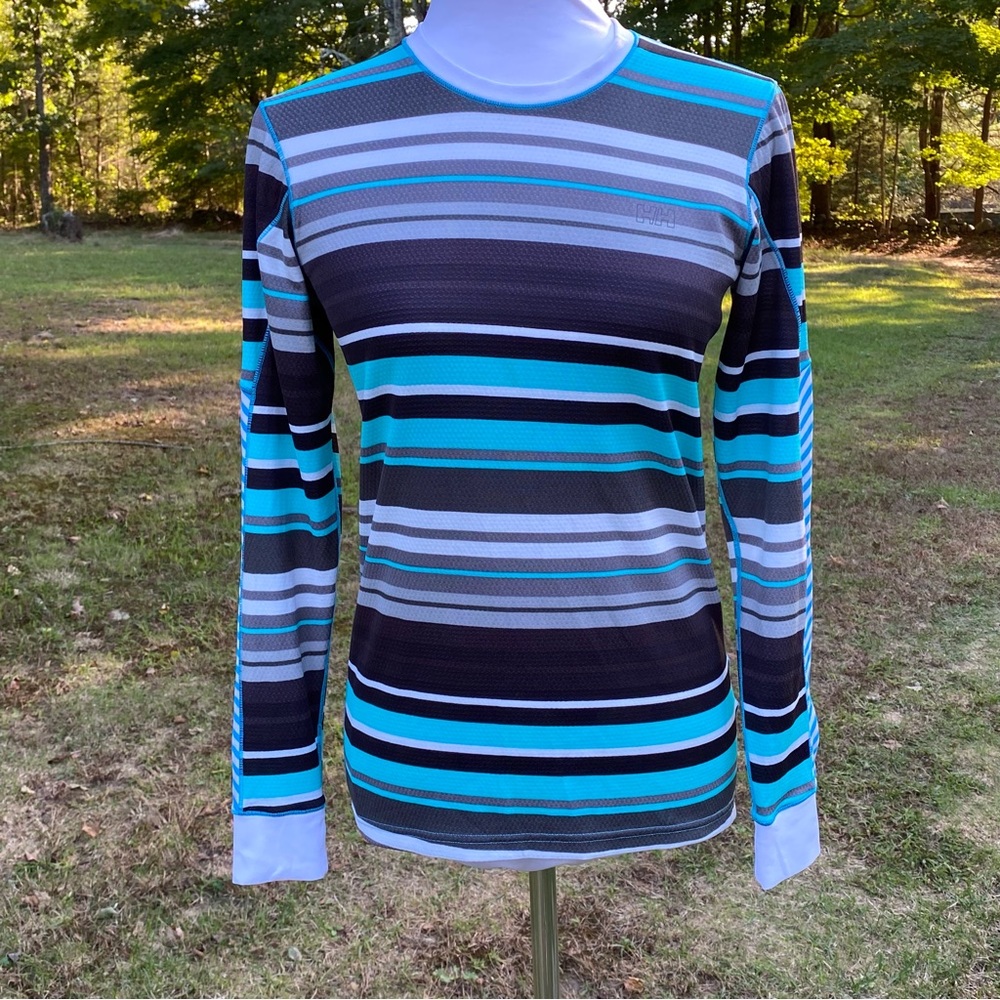 HELLY HANSEN TOP TEE LONG SLEEVE ACTIVE BLUE WHITE BLACK GRAY STRIPE Size S